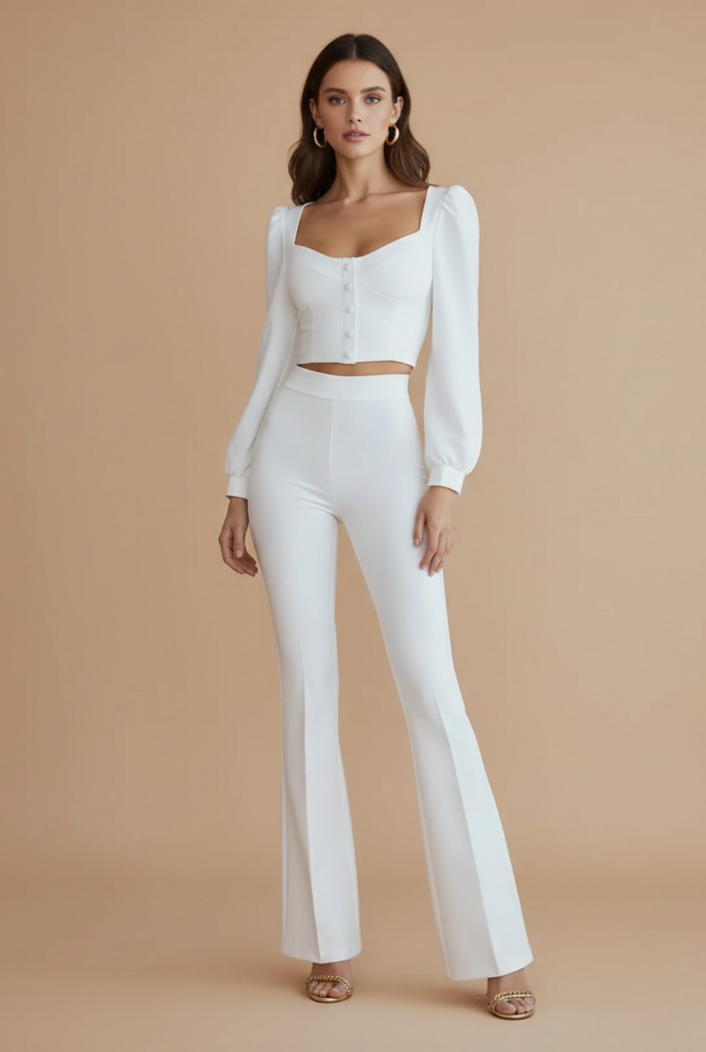 Women's Two-Piece Set - Going Out Puff Sleeve Cropped Top and High-Waist Flared Trousers