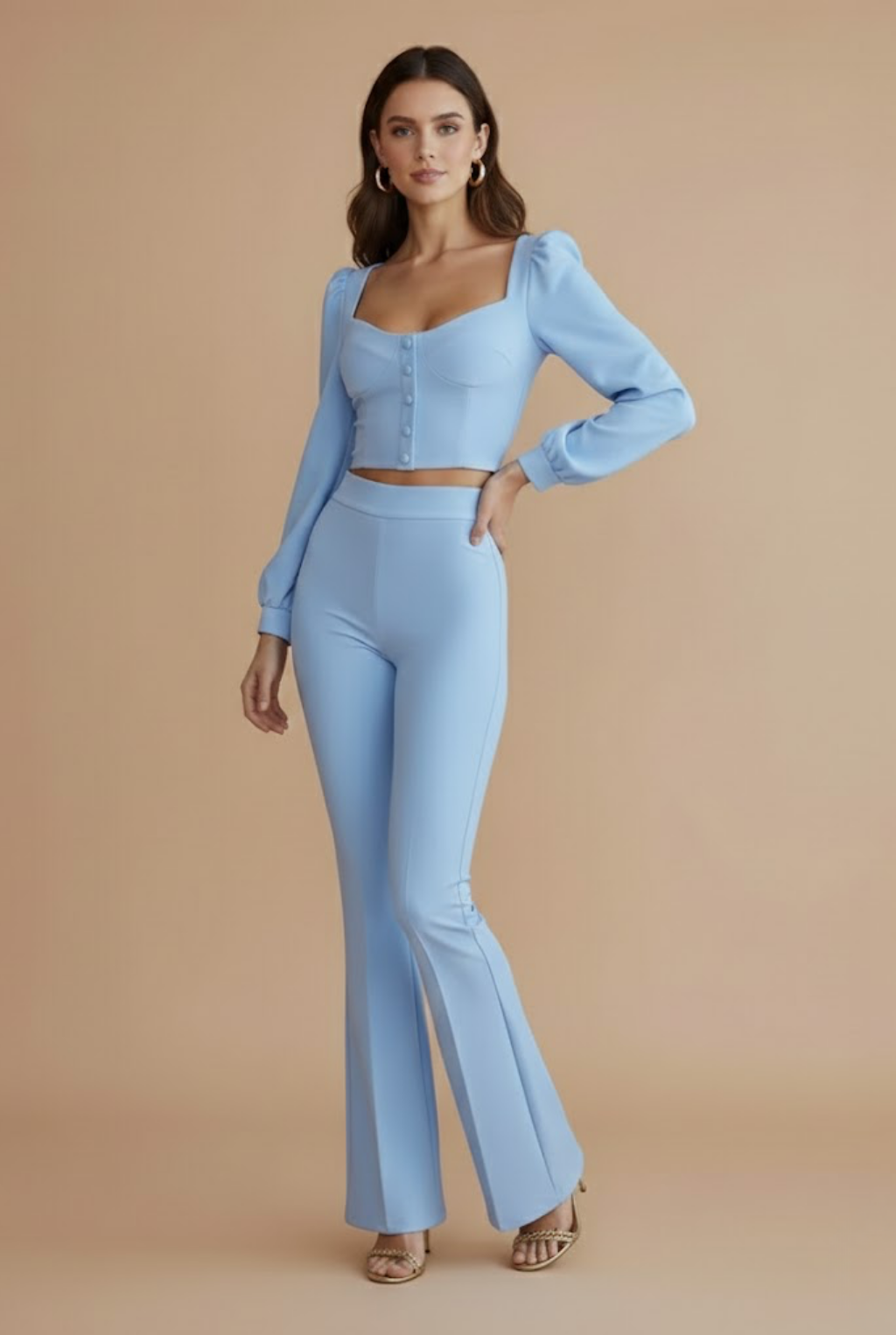Women's Two-Piece Set - Going Out Puff Sleeve Cropped Top and High-Waist Flared Trousers
