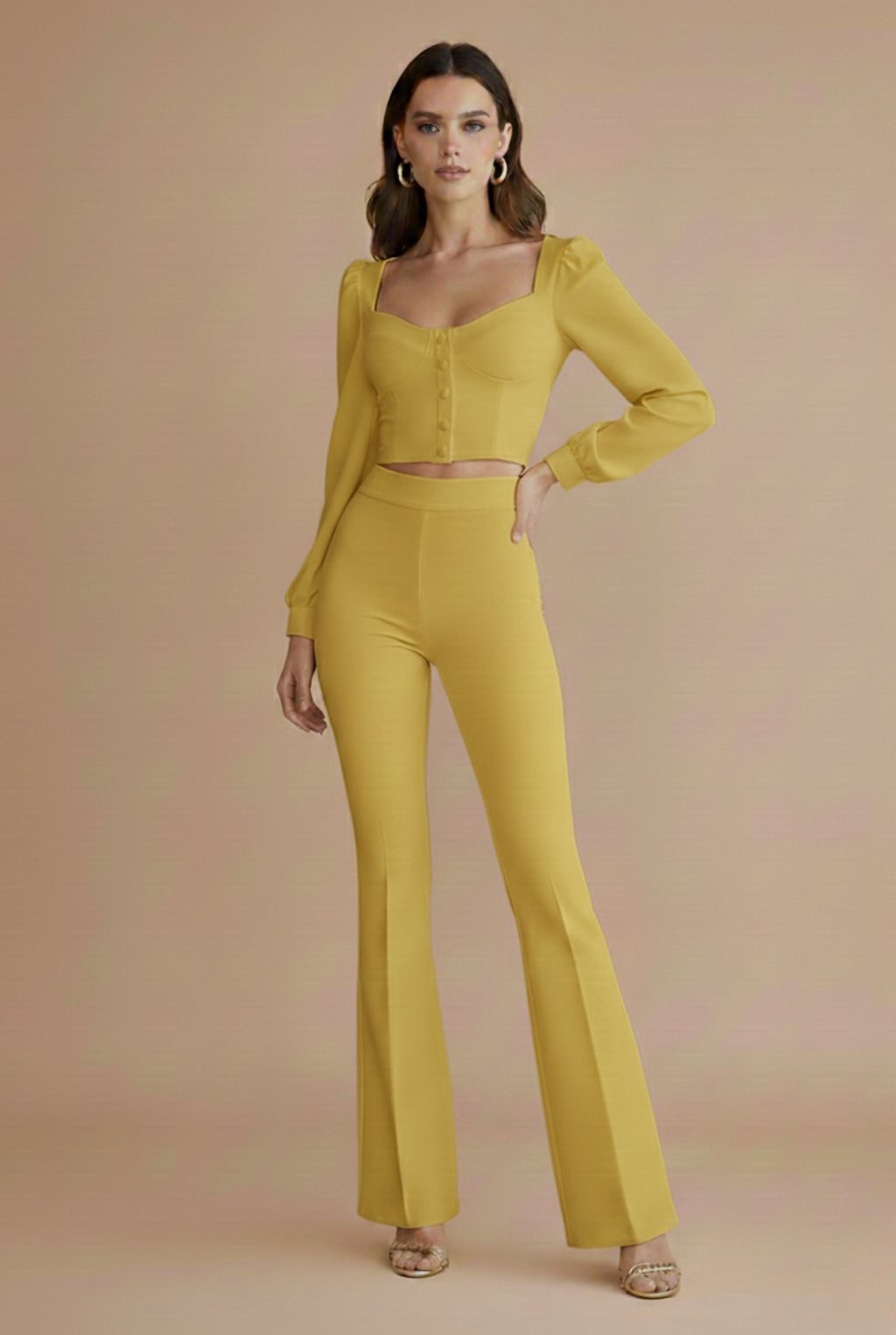 Women's Two-Piece Set - Going Out Puff Sleeve Cropped Top and High-Waist Flared Trousers