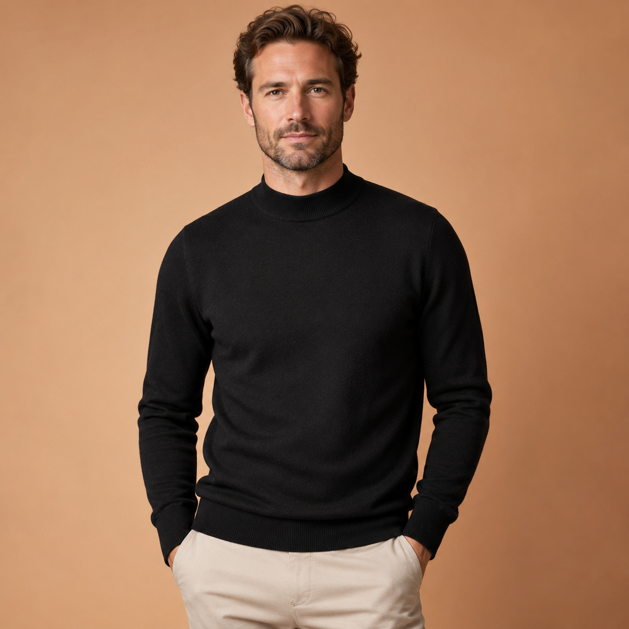 Men's Fine Knit Jumper - Roll Neck Pullover with Long Sleeves