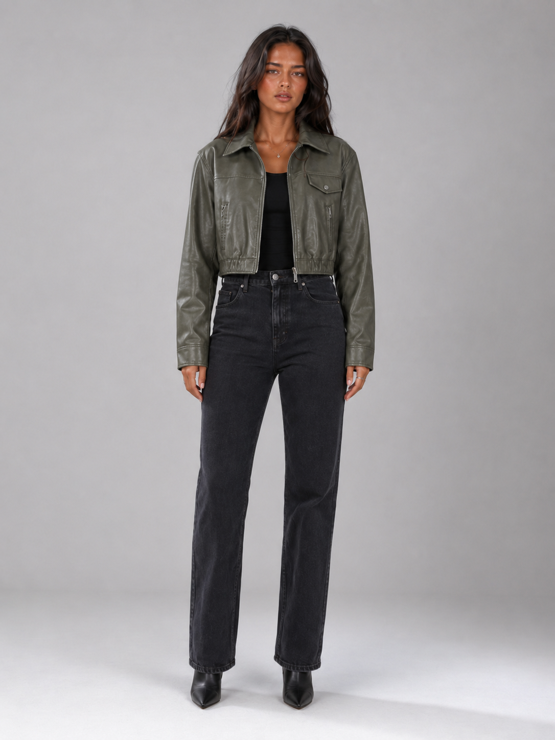 Washed Synthetic Leather Short Trucker Jacket for Women