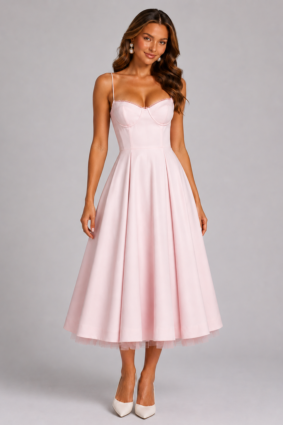 Women’s Corset Midi Dress with Full Skirt for Weddings & Special Occasions