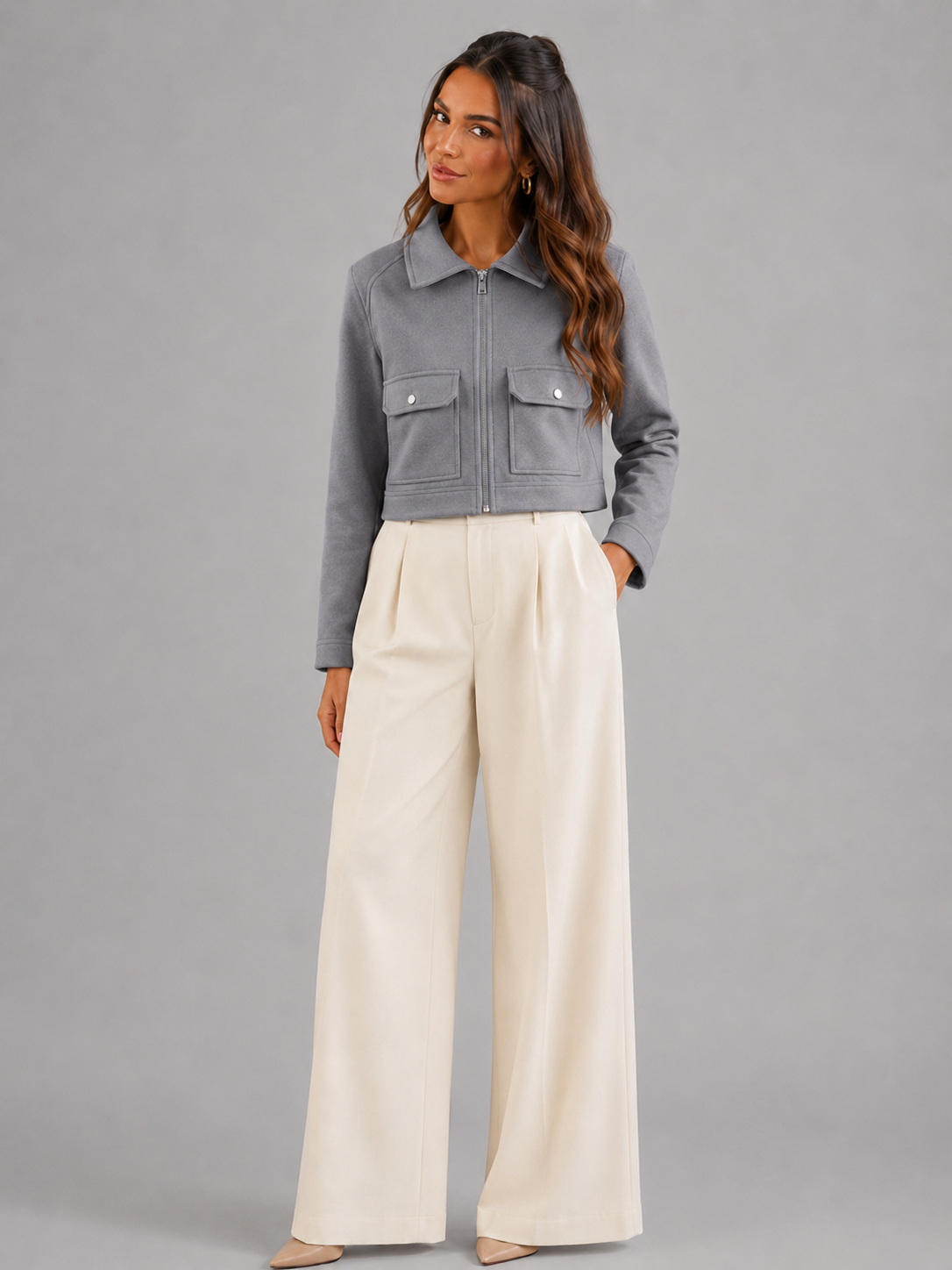 Women's Cropped Synthetic Leather Utility Jacket for Autumn
