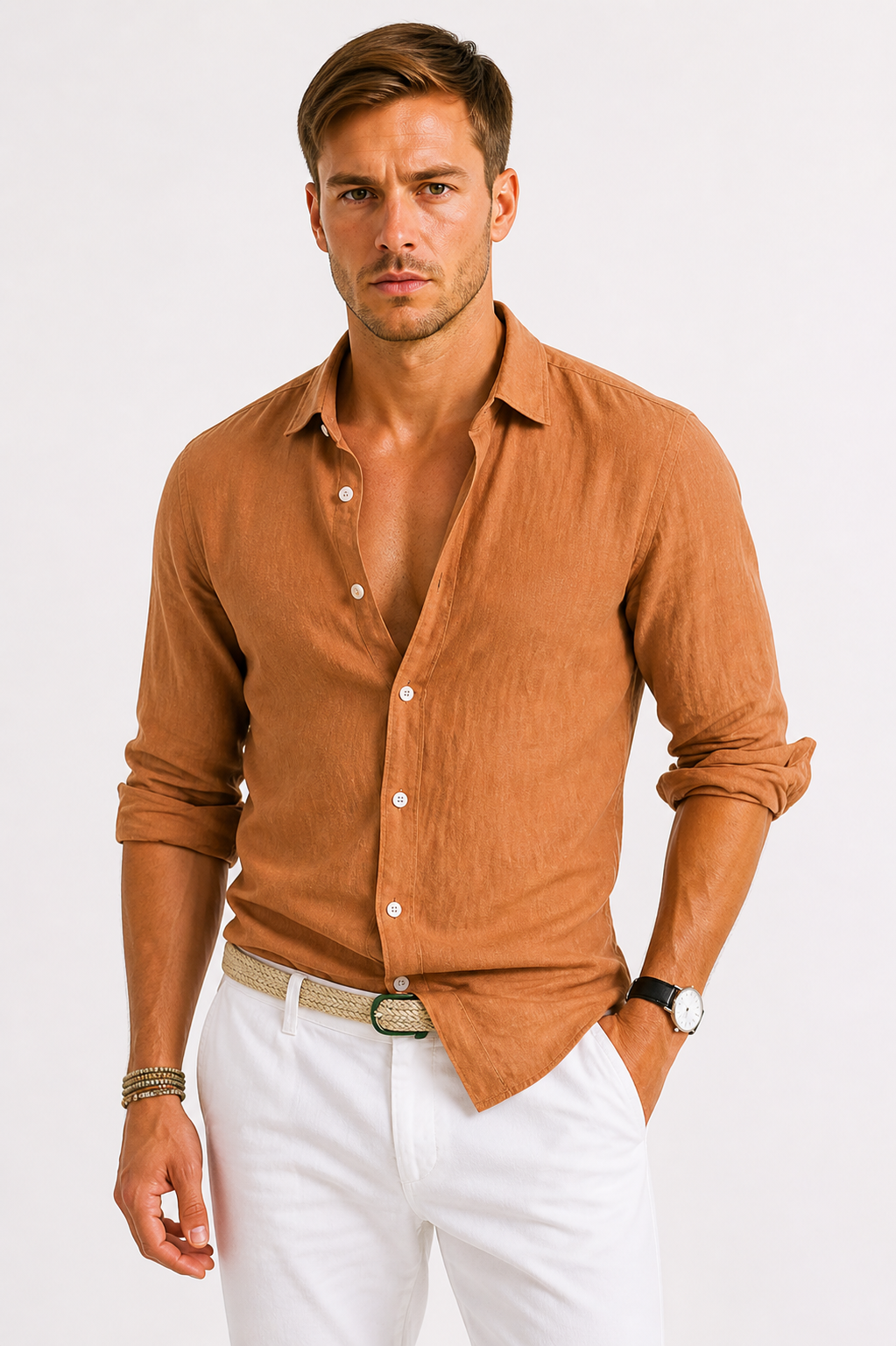 Linen Oxford Shirt with Rolled Sleeves for Men