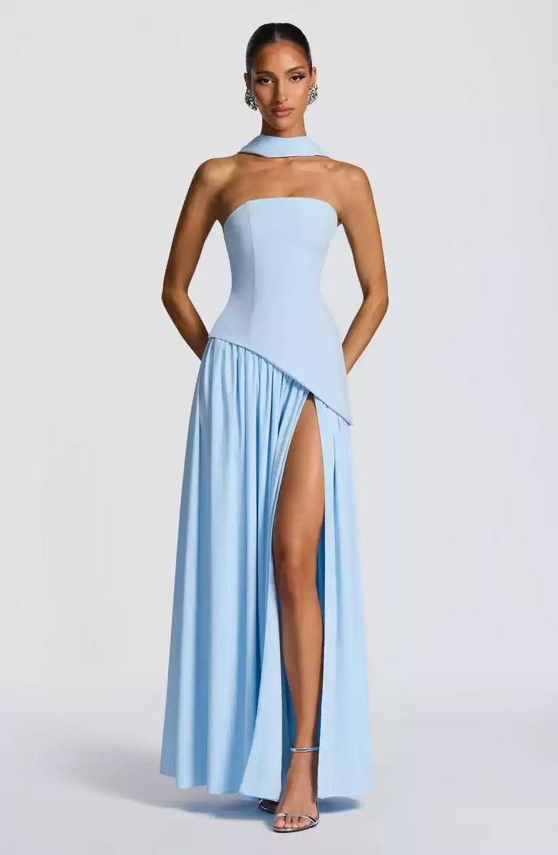 Women's Wedding Guest Strapless Maxi Dress with Leg Split