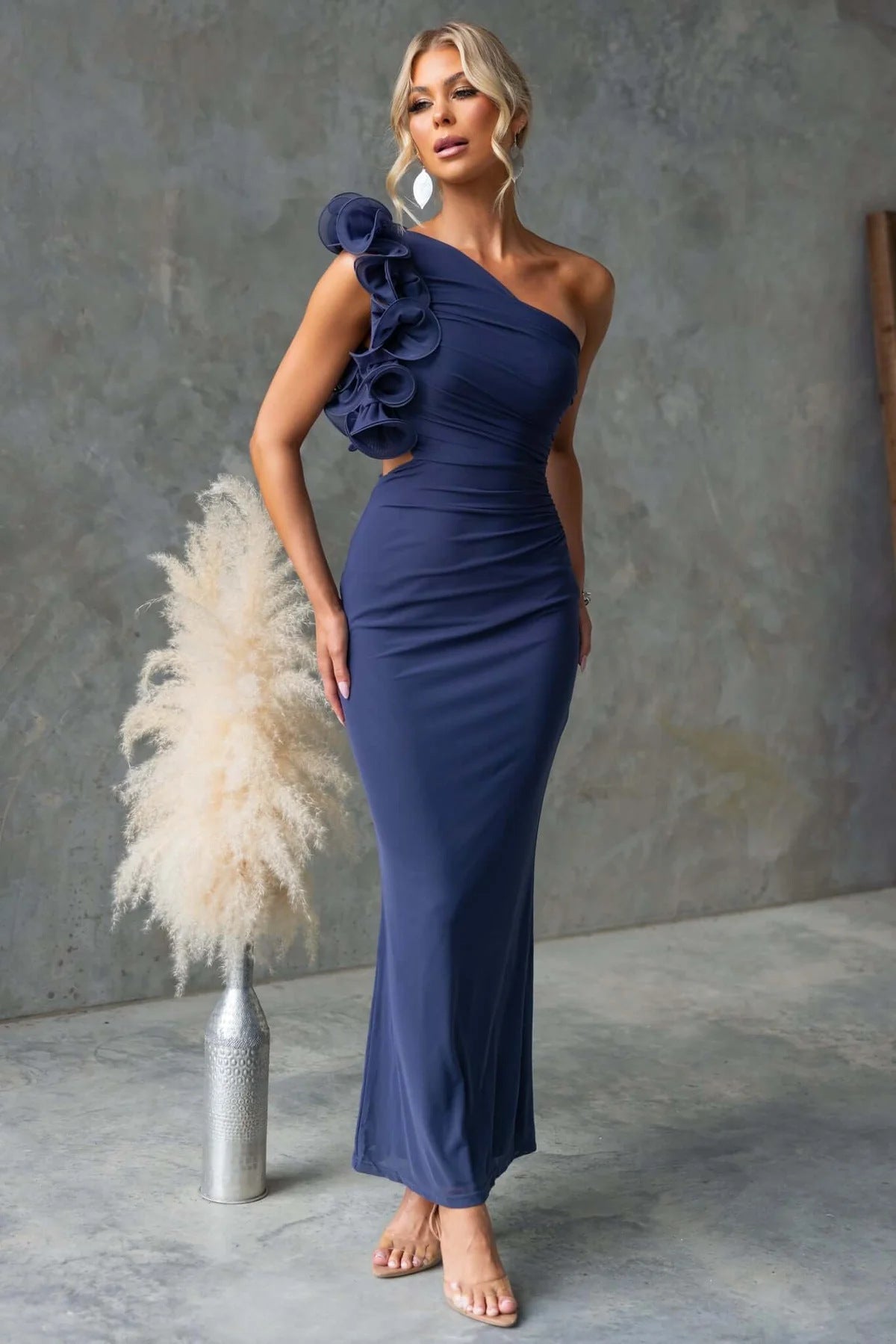 Women's Wedding Guest Dresses One-Shoulder Maxi Dress with Ruffles