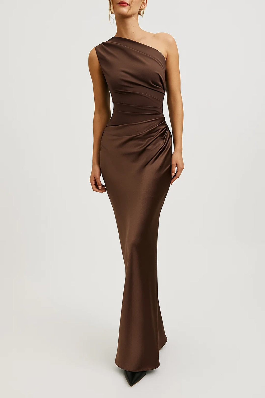 Women's Maxi Dress One Shoulder Fitted Cut Pleated Waist