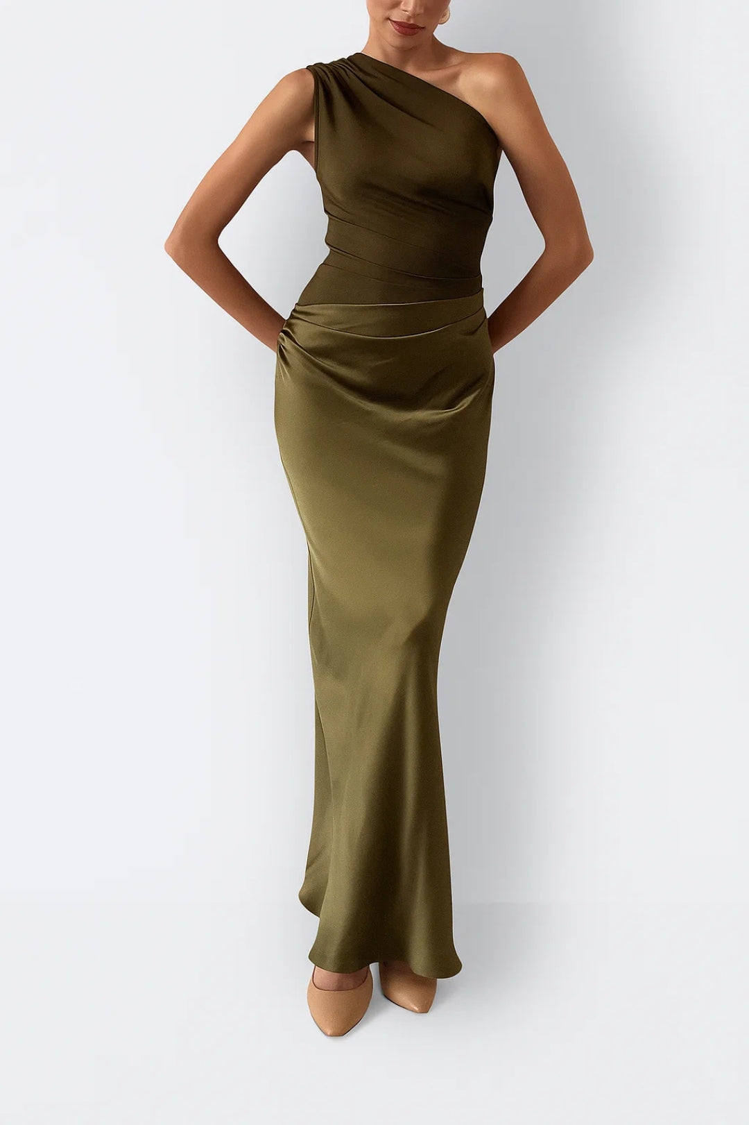 Women's Maxi Dress One Shoulder Fitted Cut Pleated Waist