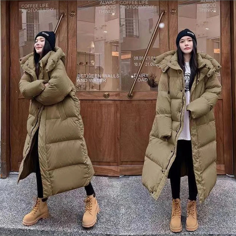 Long Quilted Puffer Jacket for Women with Hood - Winter