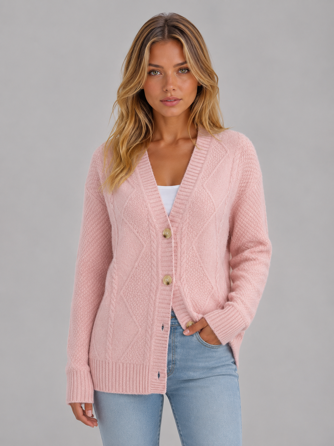 Women's Cable Knit Button Cardigan – Soft V-Neck Knitted Style