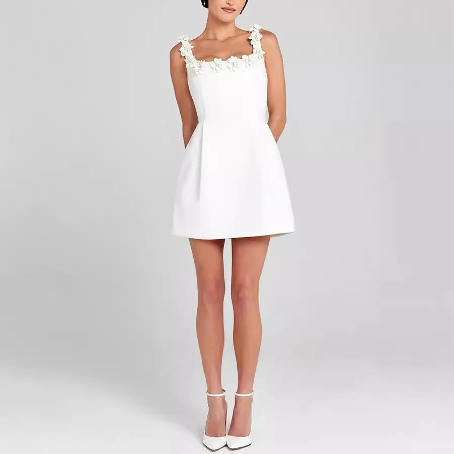 Women's mini sheath dress with square neck and floral detail
