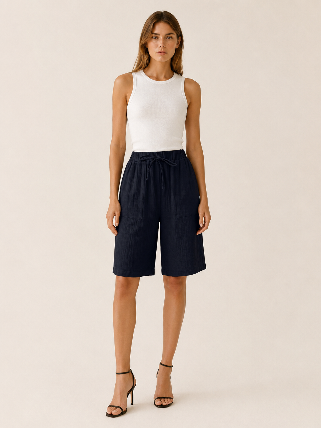 Women's Cotton Shorts Wide Leg Fit Drawstring Waist