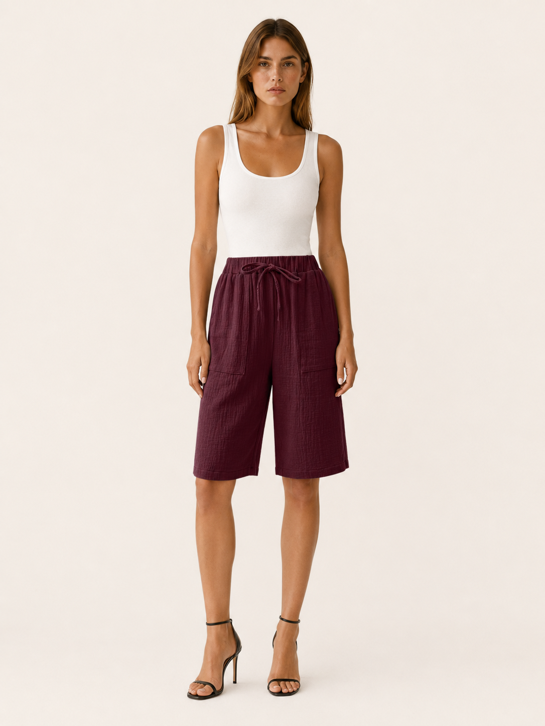 Women's Cotton Shorts Wide Leg Fit Drawstring Waist