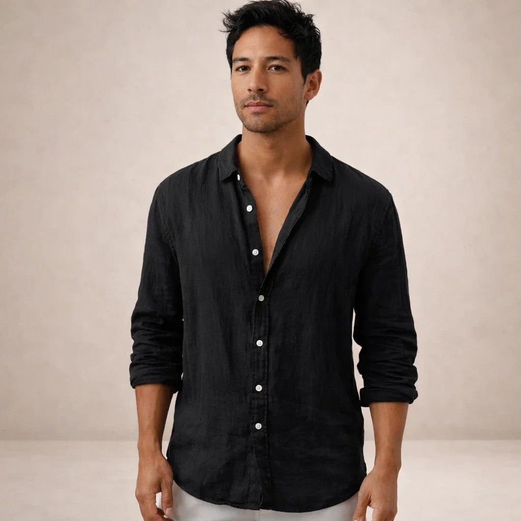 Men's Linen Shirt with Open Collar, Long Sleeve