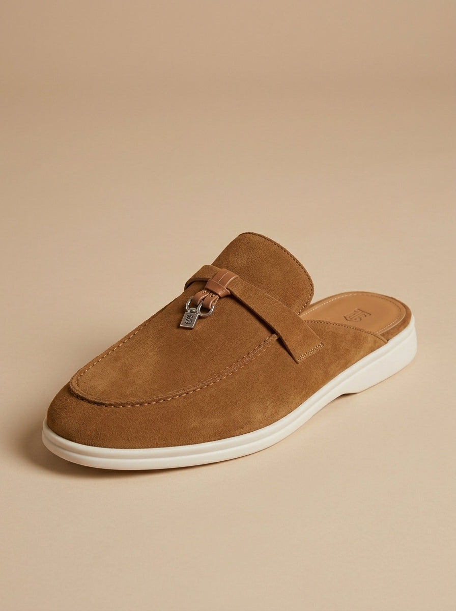 Men's Suede Mule Loafers Metal Bar Detail Slip On Shoes