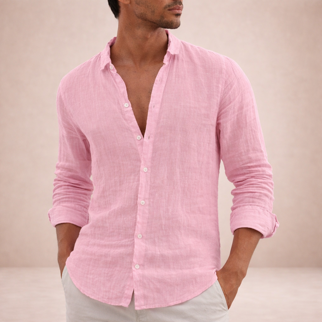 Men's Linen Shirt with Open Collar, Long Sleeve