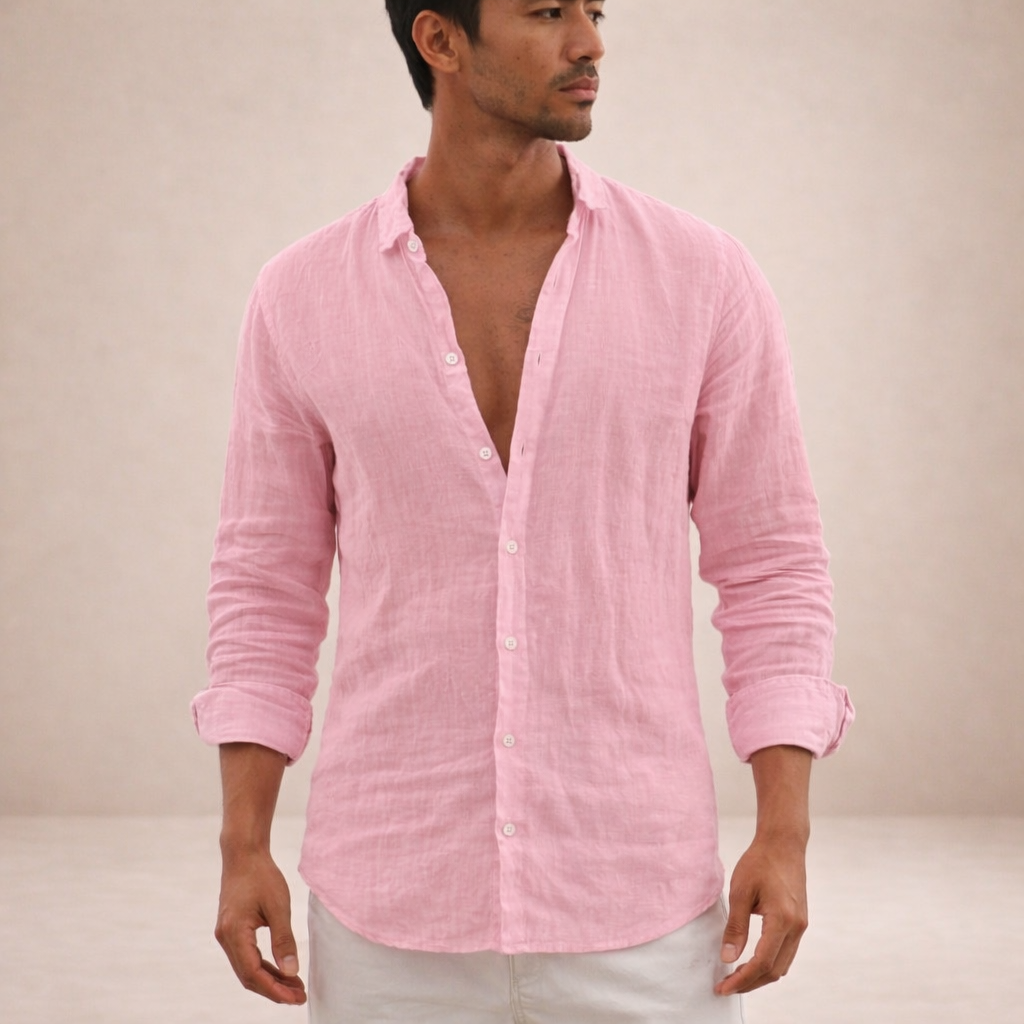 Men's Linen Shirt with Open Collar, Long Sleeve