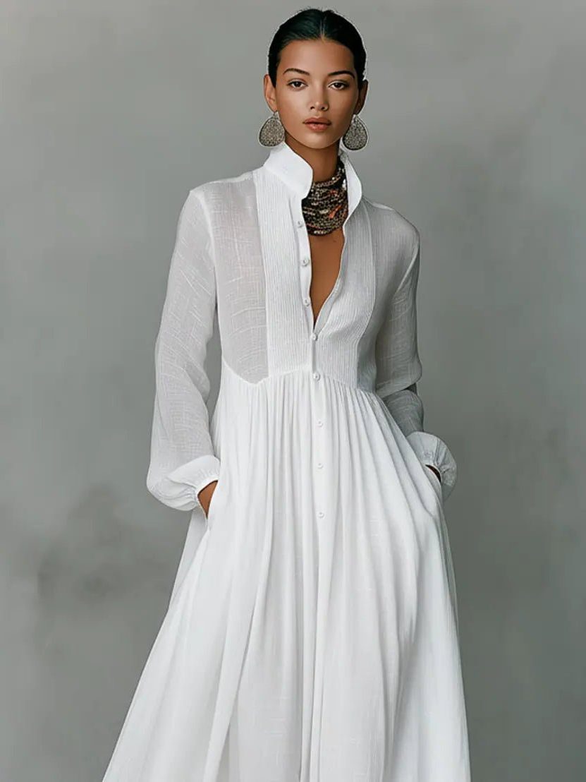 Women's Linen Blend Maxi Dress with Pockets