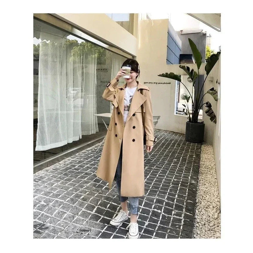 Long Ladies' Trench Coat with Double-Breasted Closure