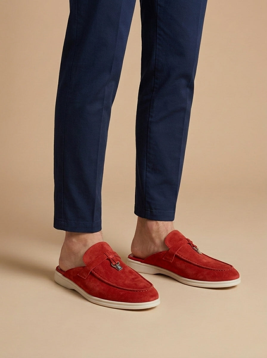 Men's Suede Mule Loafers Metal Bar Detail Slip On Shoes