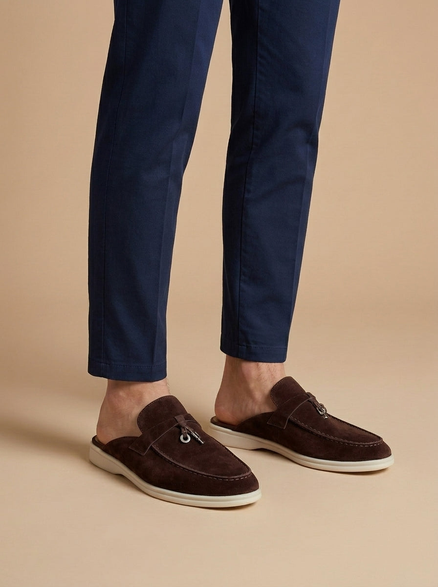 Men's Suede Mule Loafers Metal Bar Detail Slip On Shoes