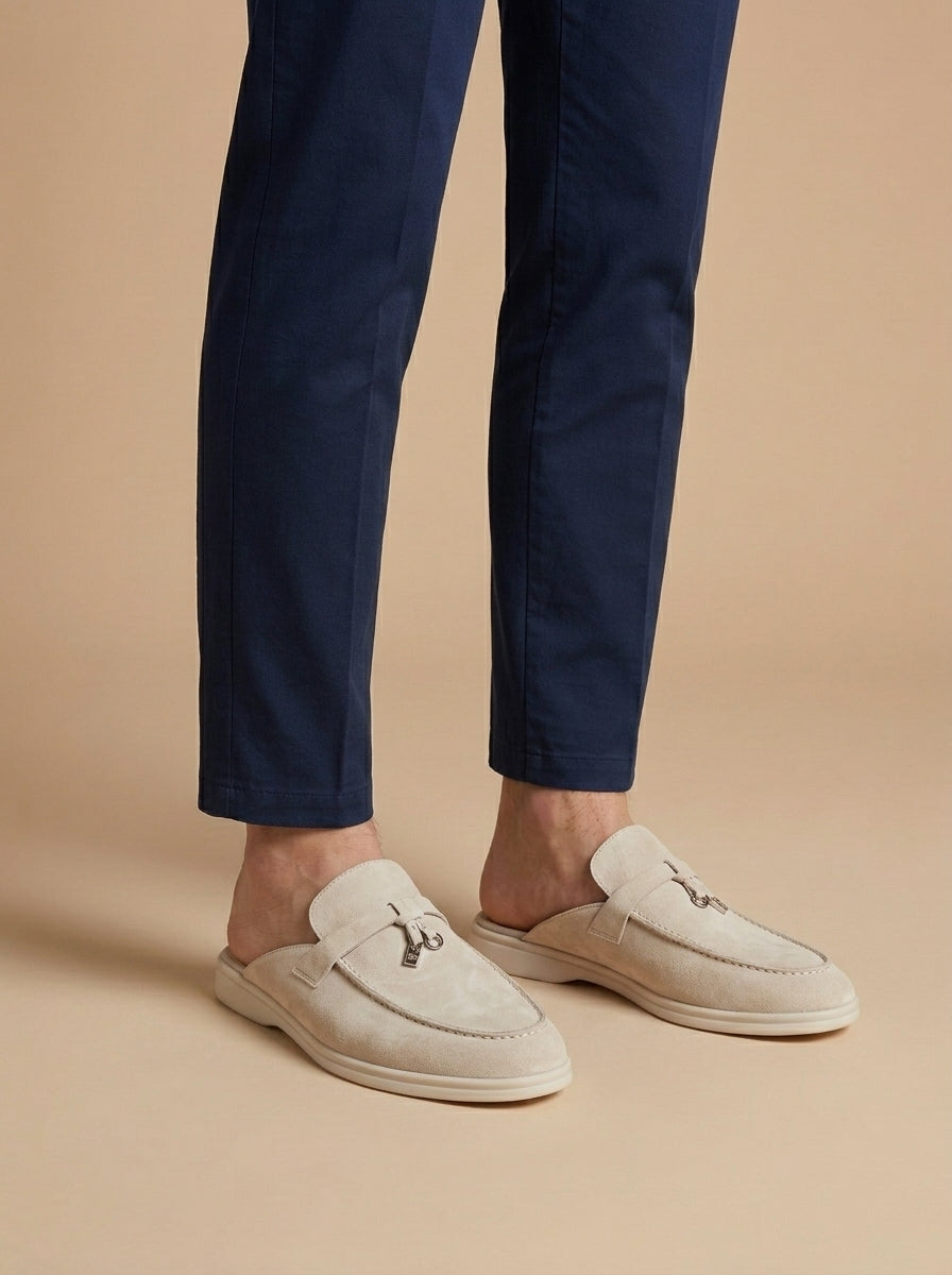 Men's Suede Mule Loafers Metal Bar Detail Slip On Shoes