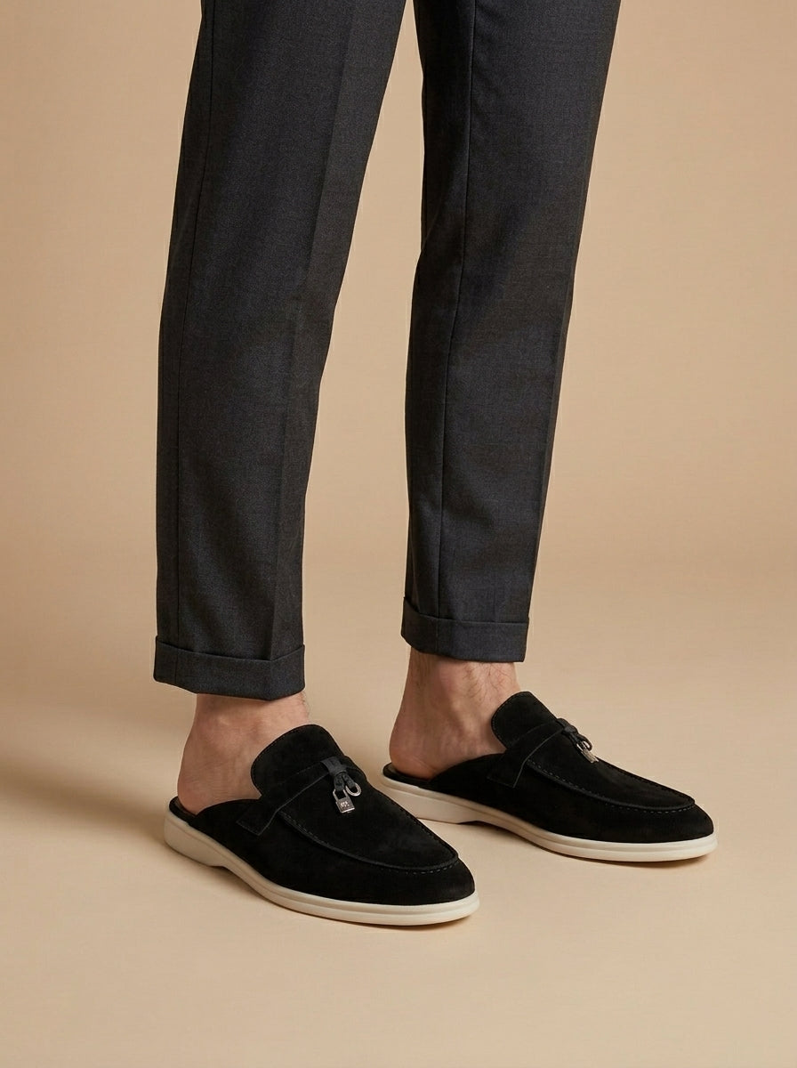 Men's Suede Mule Loafers Metal Bar Detail Slip On Shoes