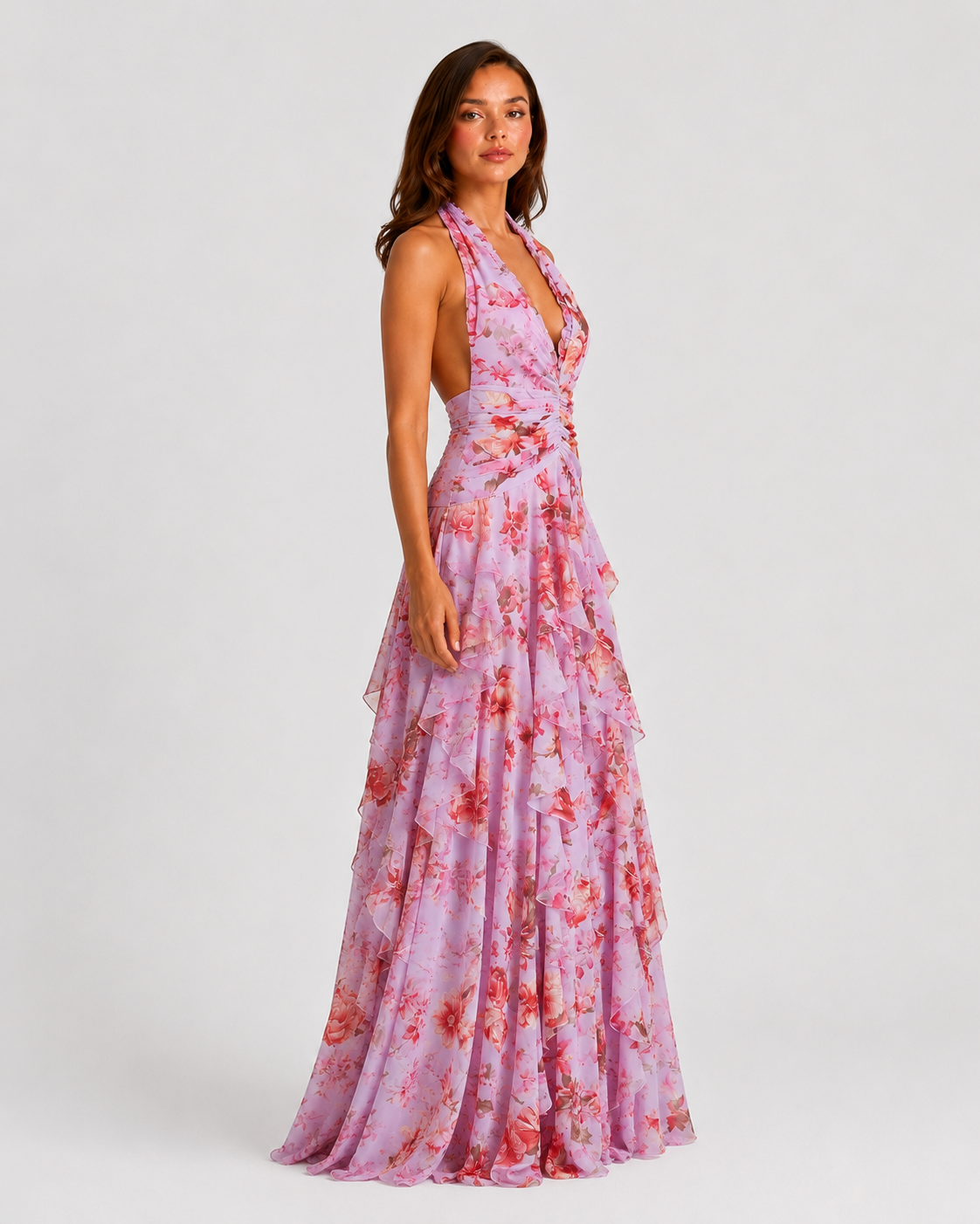 Women’s Floral Halter Maxi Dress with Tiered Skirt for Summer & Occasion Wear