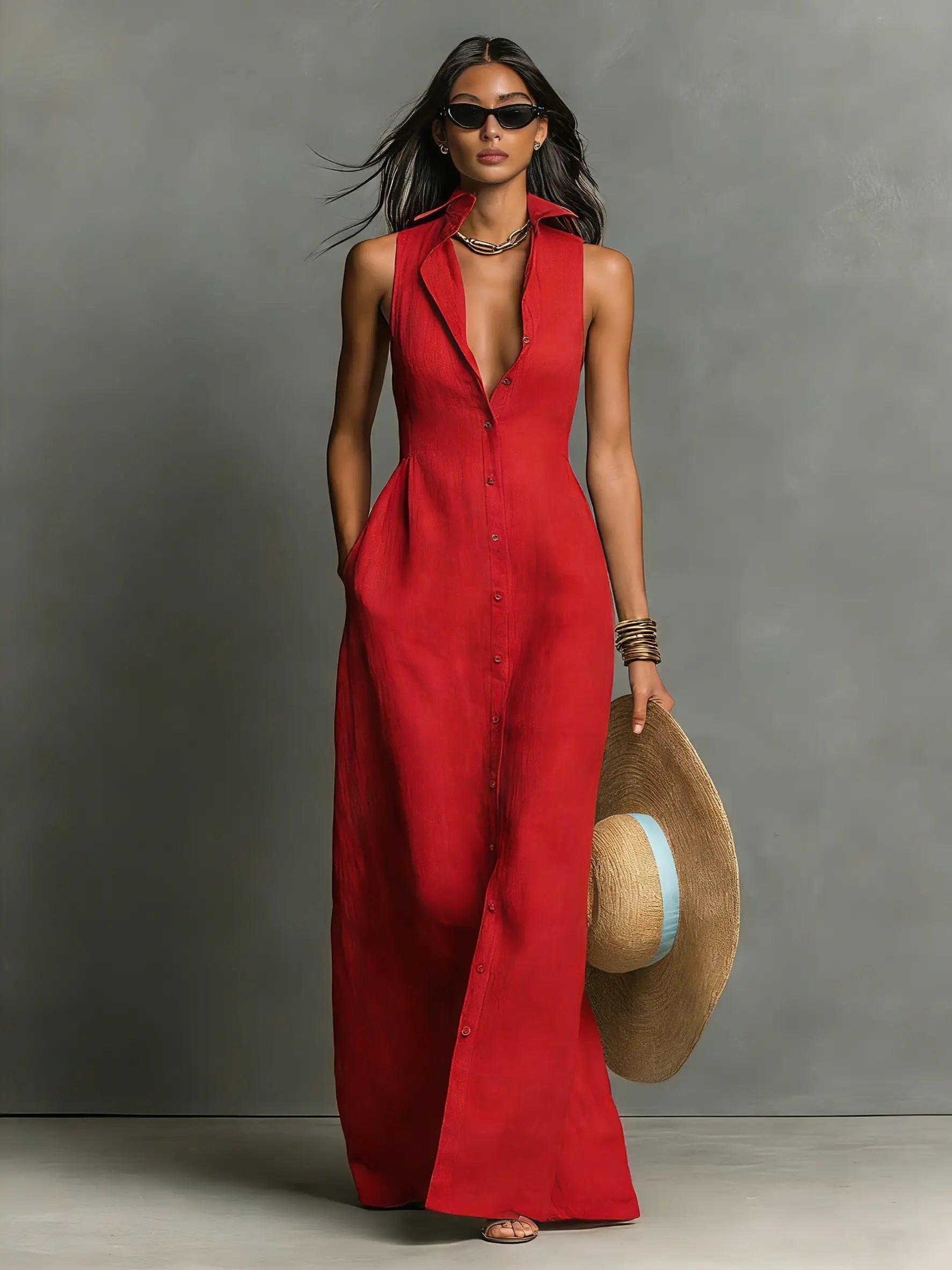 Women's Sleeveless Maxi Dress Shirt Style