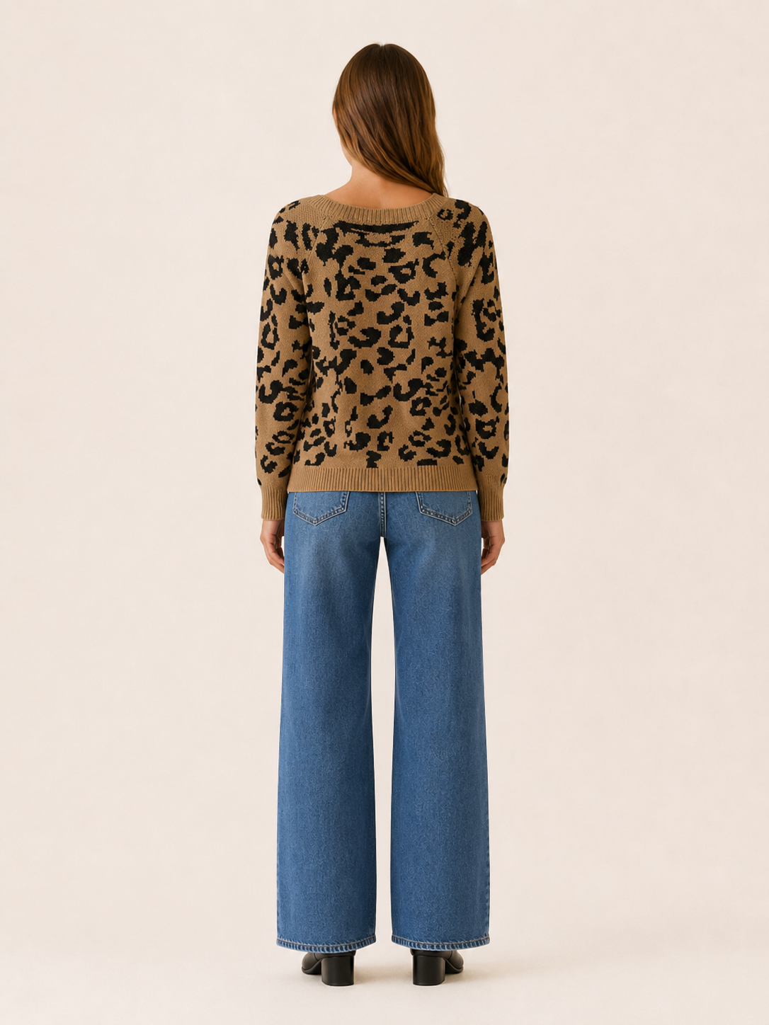 Square Neck Sweater with Leopard Print and Button Detail