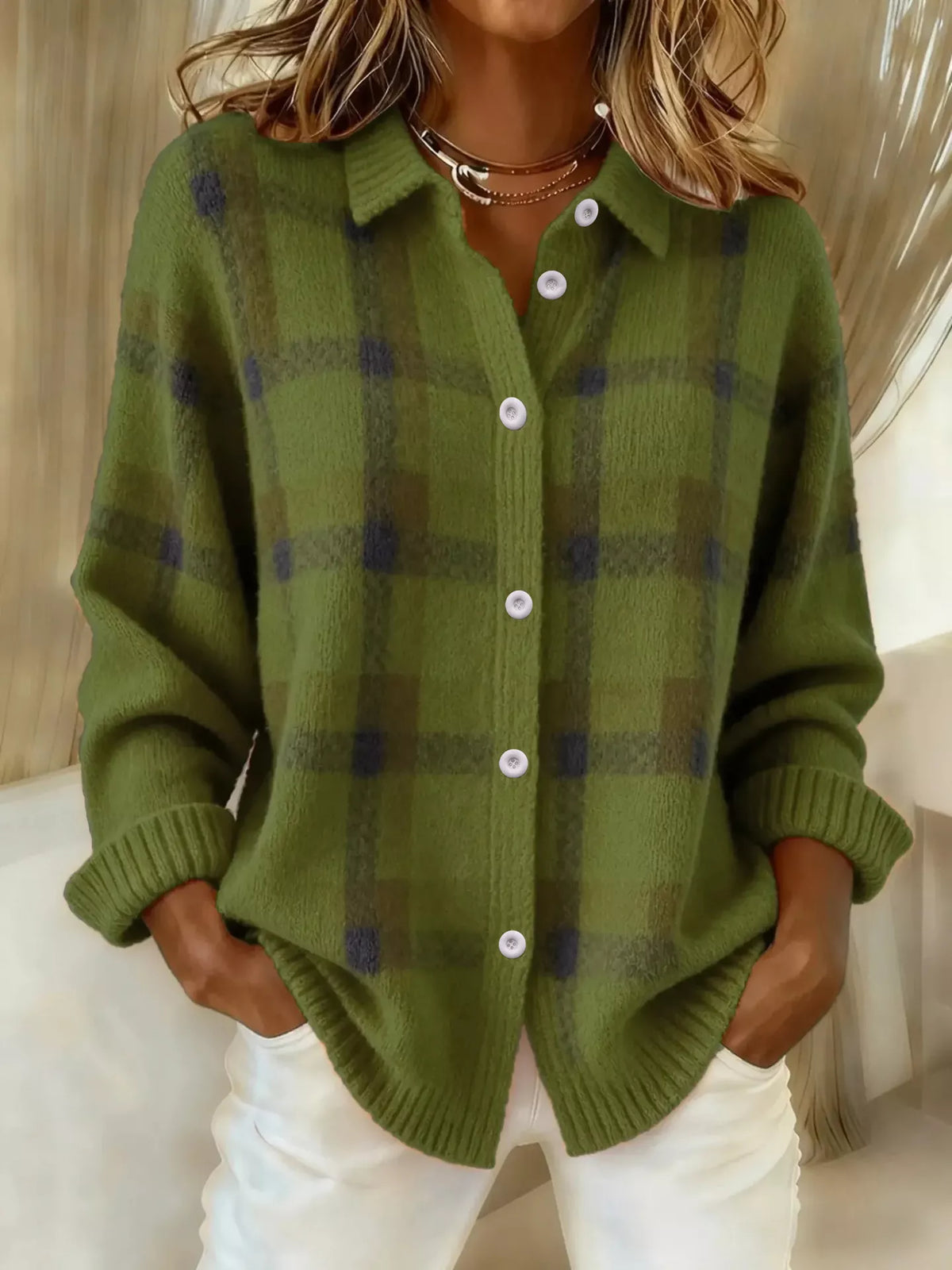Women's Orange Checked Button-Up Cardigan – Relaxed Knit Jacket