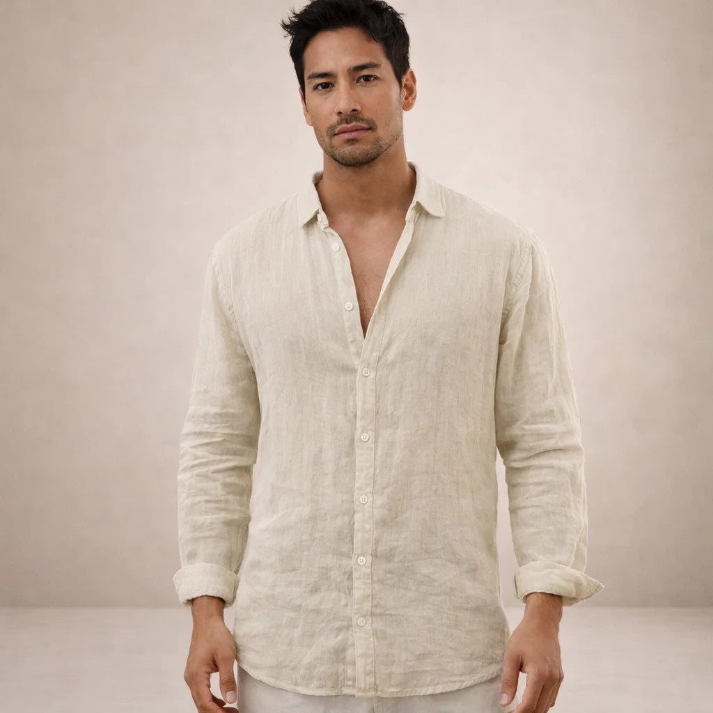 Men's Linen Shirt with Open Collar, Long Sleeve