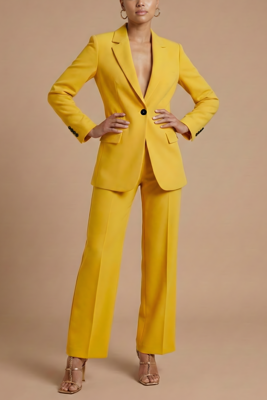 Women’s Two Piece Suit with Single Button Blazer and Wide Leg Trousers
