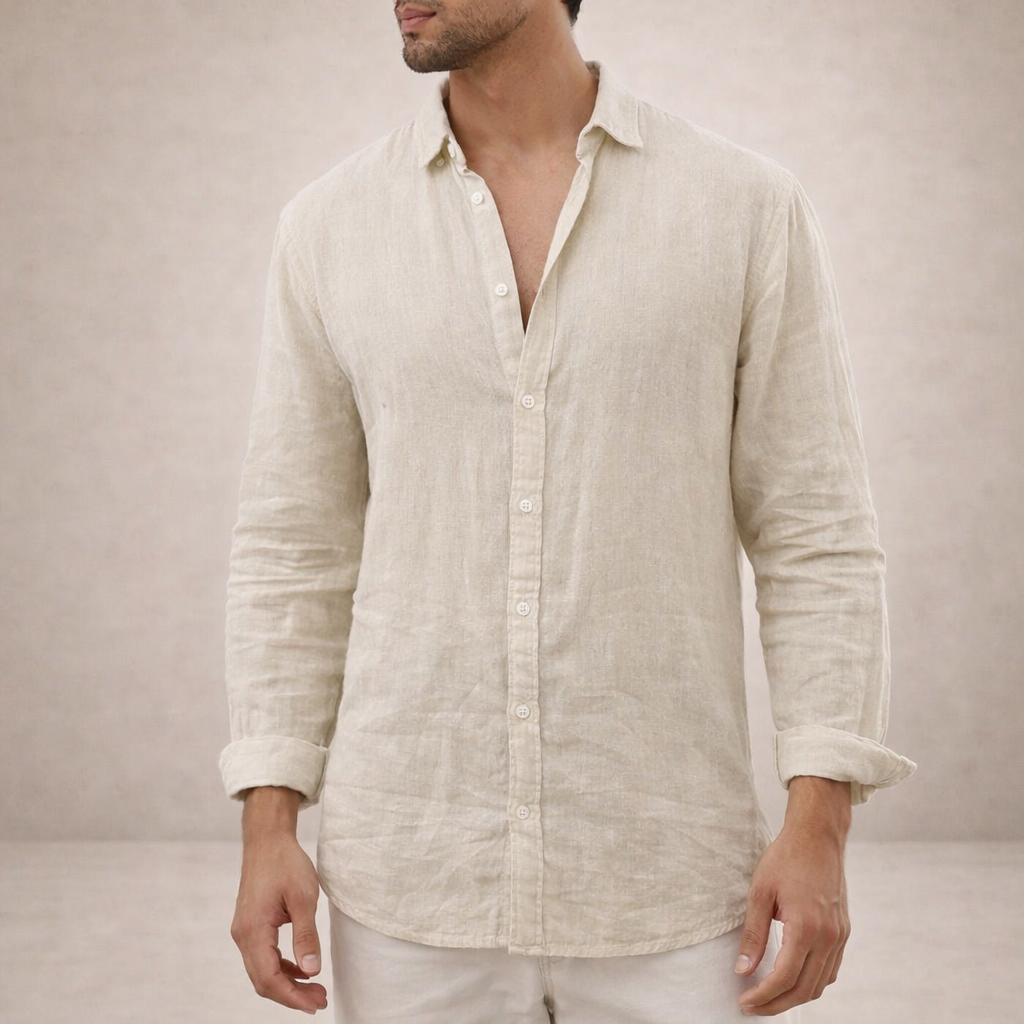 Men's Linen Shirt with Open Collar, Long Sleeve