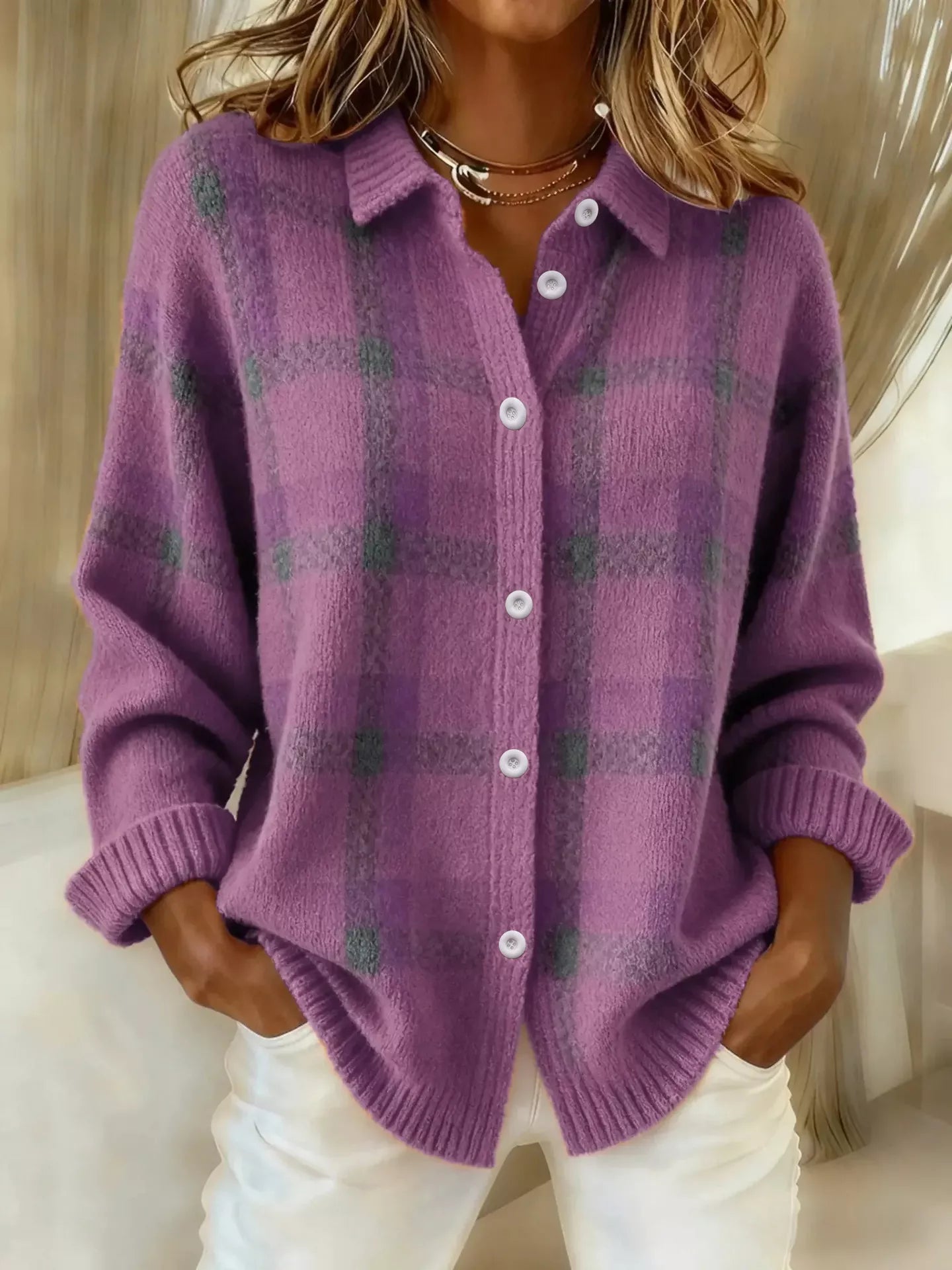 Women's Orange Checked Button-Up Cardigan – Relaxed Knit Jacket
