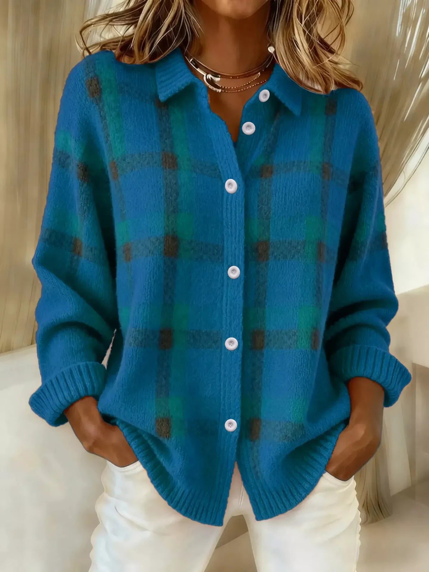 Women's Orange Checked Button-Up Cardigan – Relaxed Knit Jacket