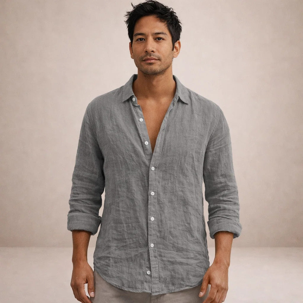 Men's Linen Shirt with Open Collar, Long Sleeve