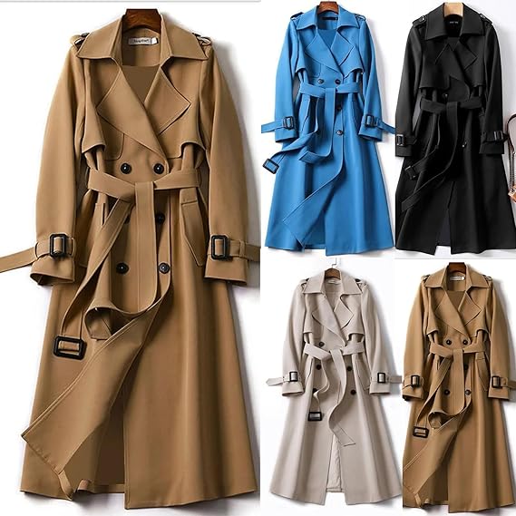 Long Ladies' Trench Coat with Double-Breasted Closure