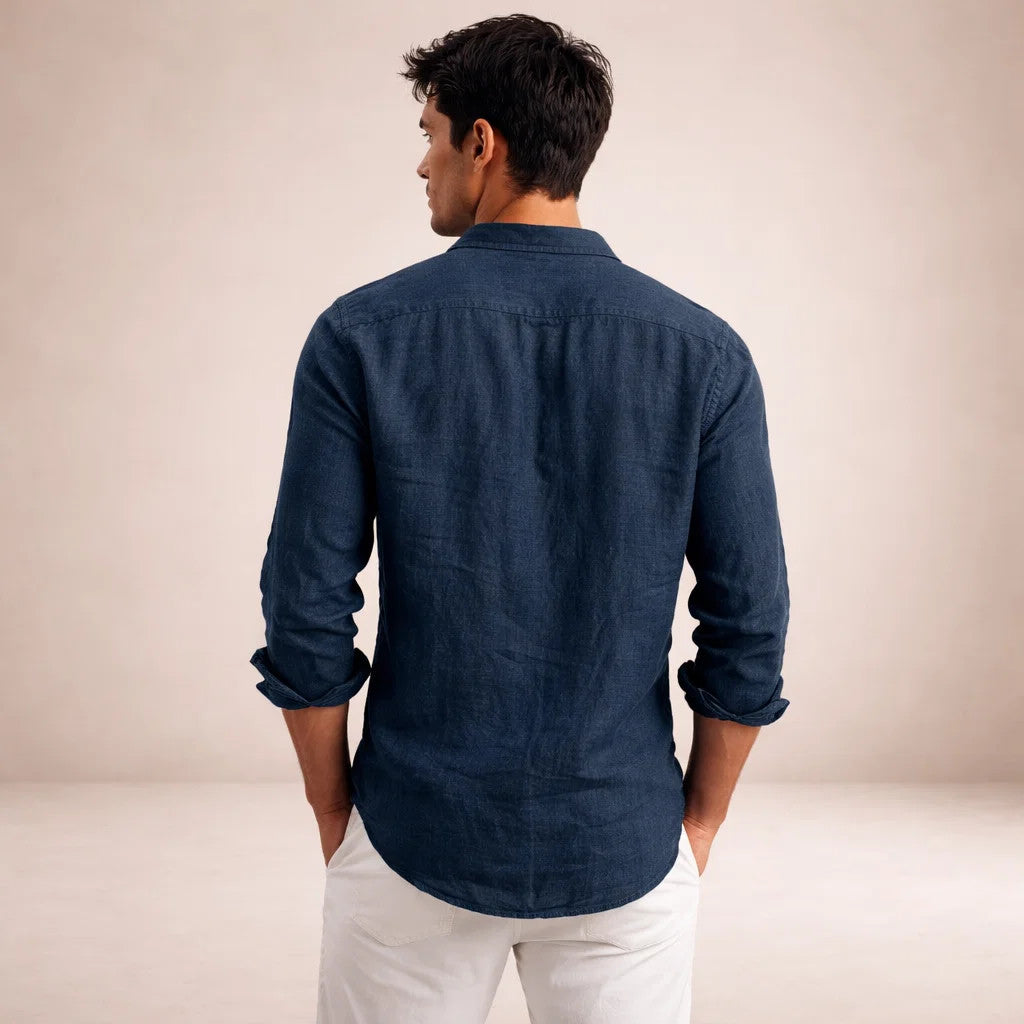 Men's Linen Shirt with Open Collar, Long Sleeve