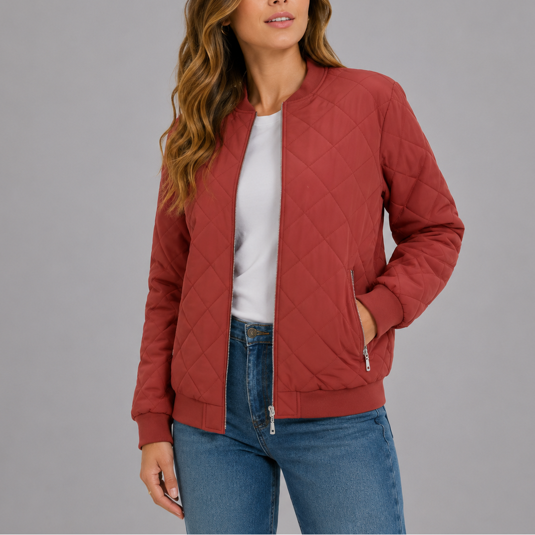 Women's Classic Quilted Bomber Jacket with Pockets