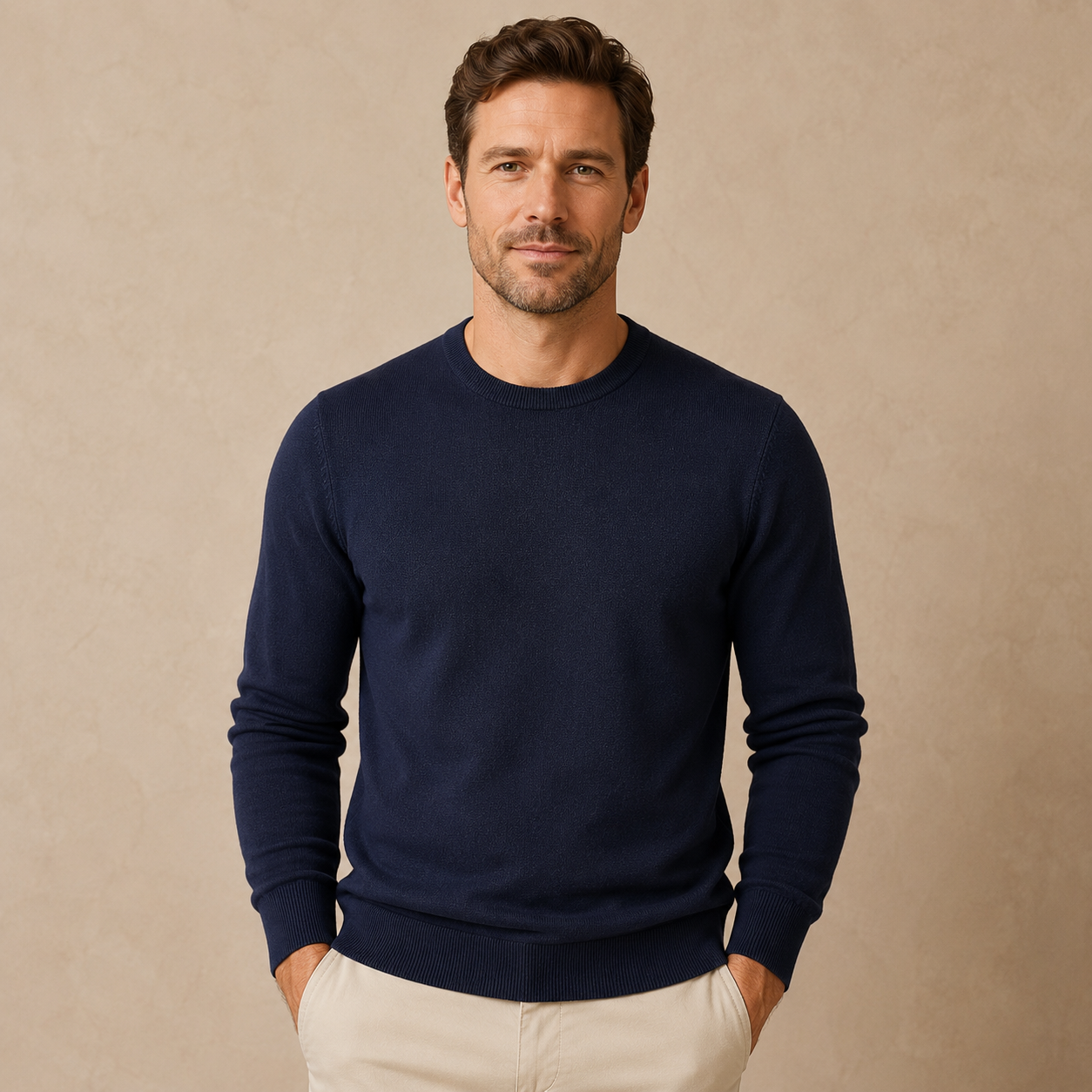 Men's Fine Knit Jumper - Crew Neck Pullover with Long Sleeves