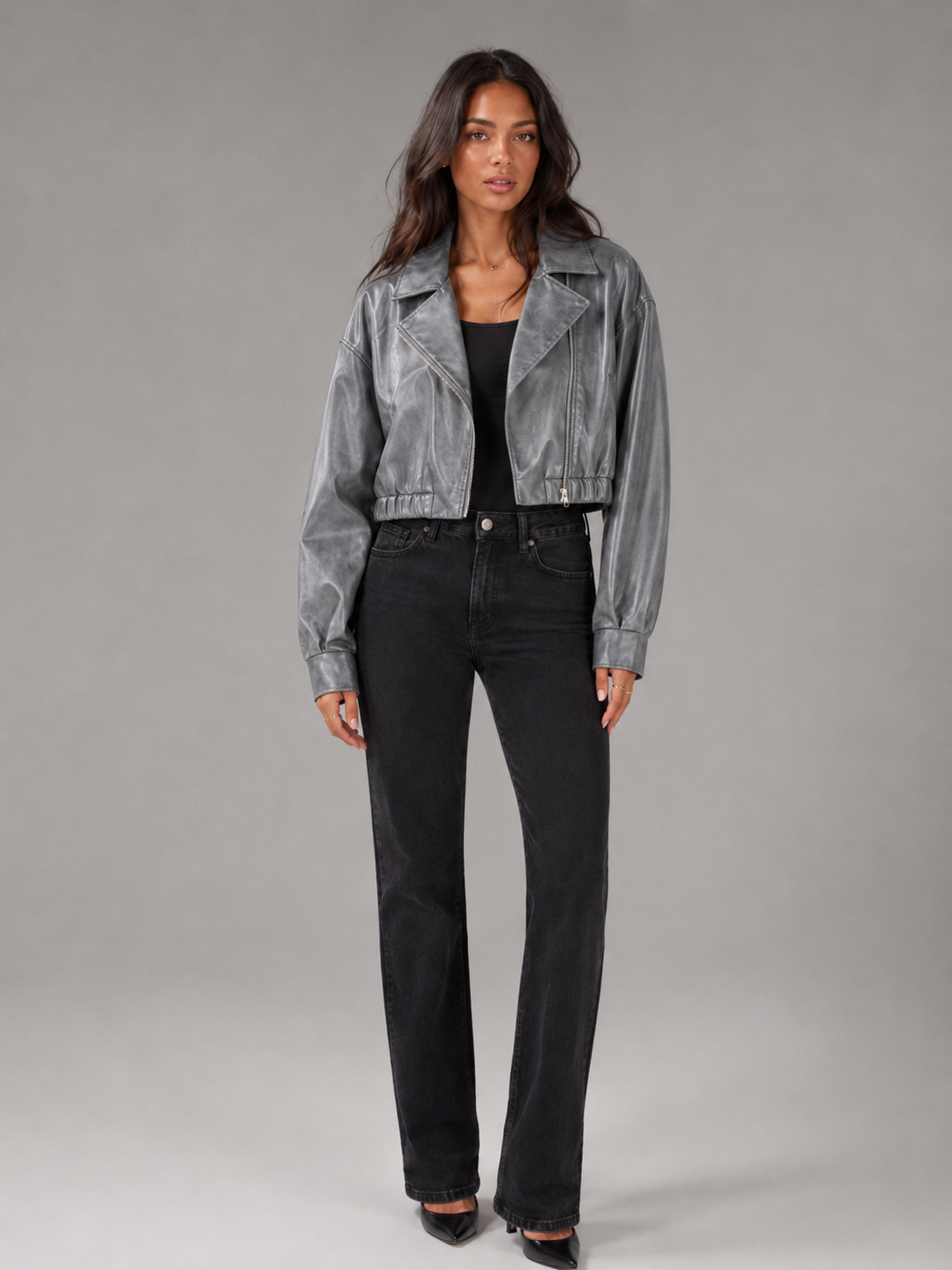 Short Synthetic Leather Biker Jacket with Zip for Women