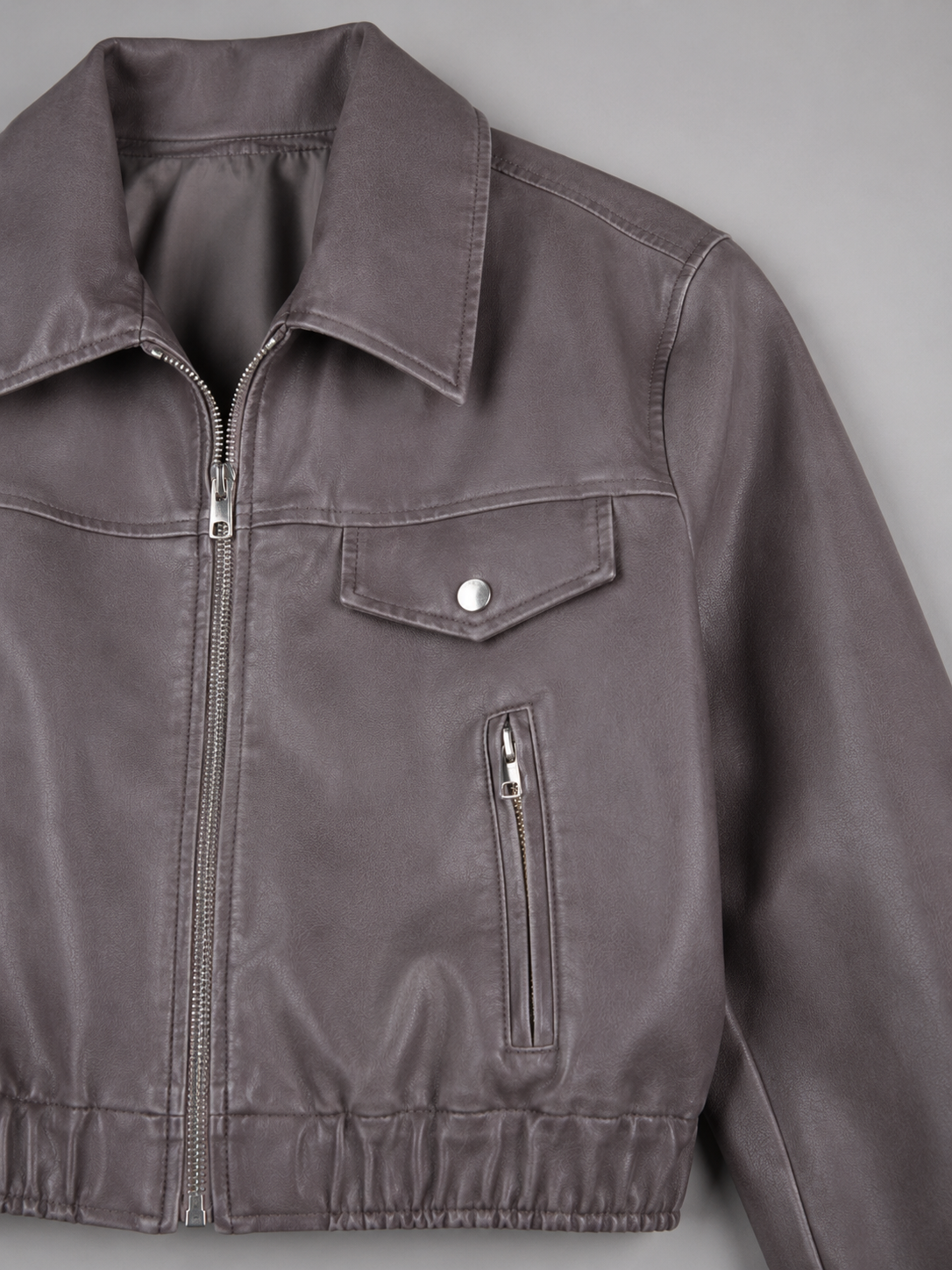 Washed Synthetic Leather Short Trucker Jacket for Women