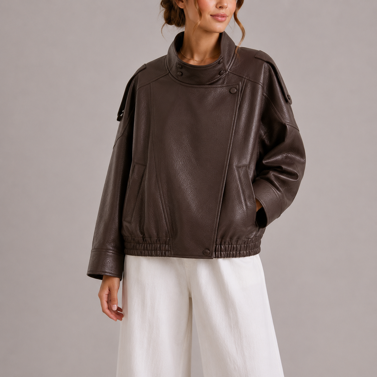 Women's High Collar Faux Leather Bomber Jacket