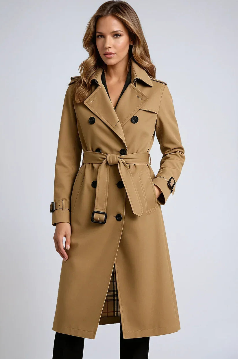 Long Ladies' Trench Coat with Double-Breasted Closure