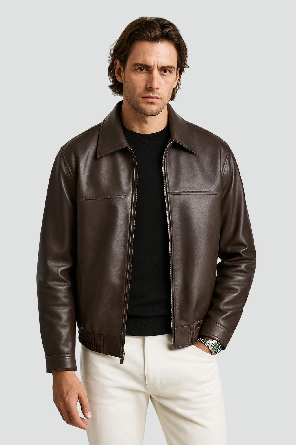 Leather Jacket Men Slim Fit Zip Closure Straight Collar