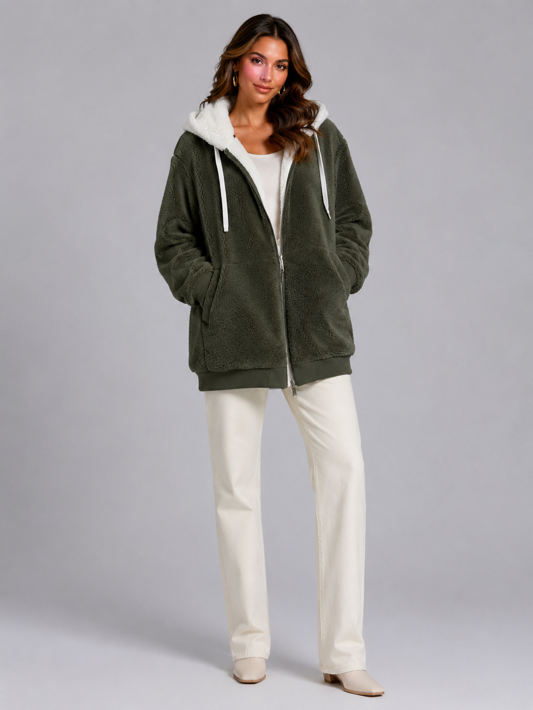 Padded Hooded Jacket with Sherpa Lining for Women