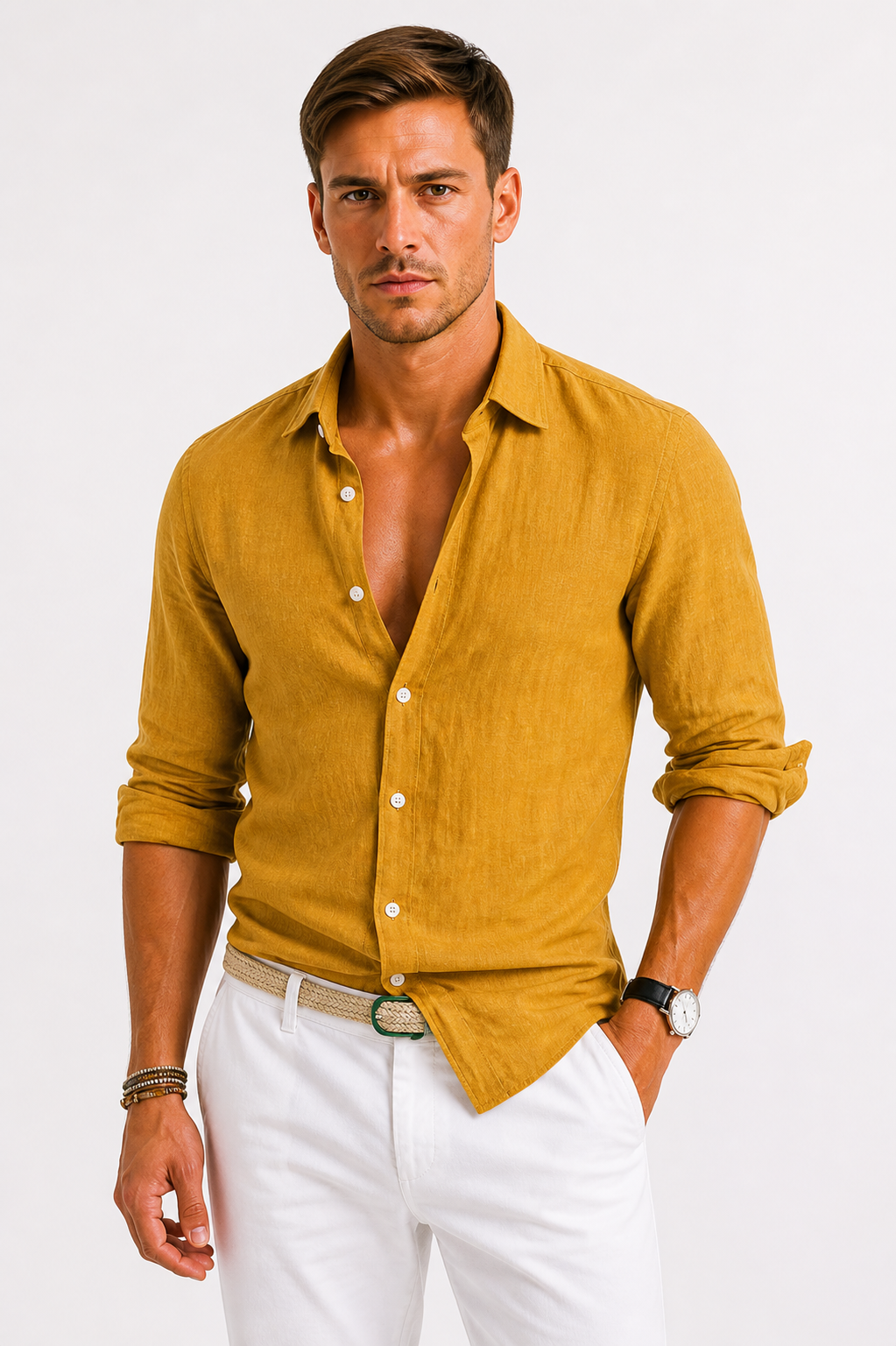 Linen Oxford Shirt with Rolled Sleeves for Men