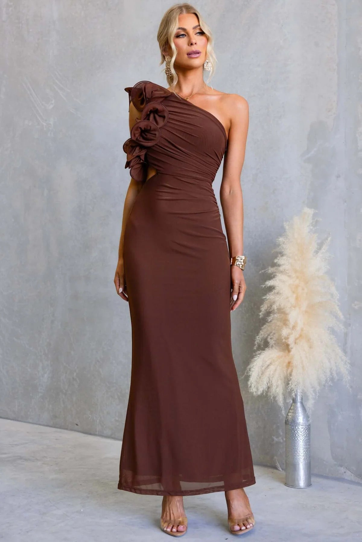Women's Wedding Guest Dresses One-Shoulder Maxi Dress with Ruffles