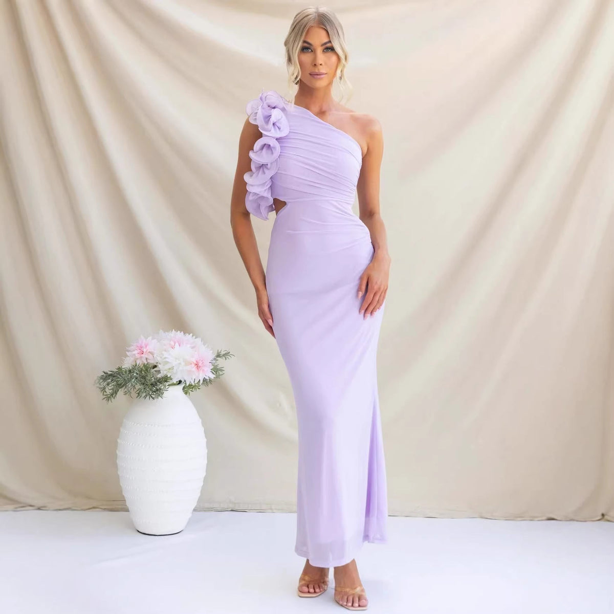 Women's Wedding Guest Dresses One-Shoulder Maxi Dress with Ruffles